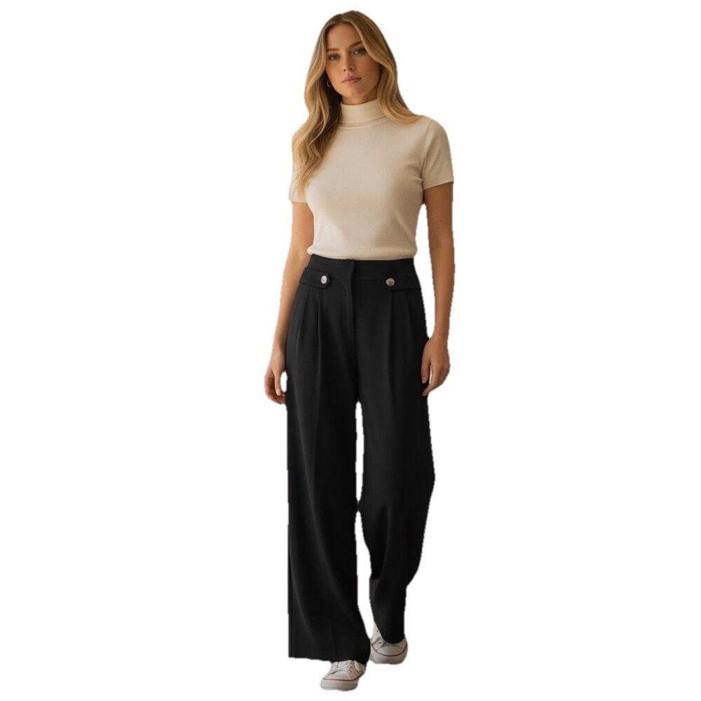 Loft Black Wide Leg Dress Pants Size 10P Evening Basic Cruise Rhinestone Accent